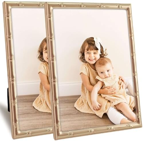 5x7 Gold Picture Frame with Elegant Metal Bamboo Design, 5 x 7 Photo Frames with HD Real Glass, Versatile Display for Tabletop or Wall Mounting, Great for Home Decor and Gift Giving (2Pcs)