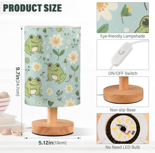 Cute Kawaii Frogs LED Table Lamp - Modern Minimalist Bedside Lamp with Round Flaxen Fabric Shade for Nightstand, Perfect for Bedroom Ambiance