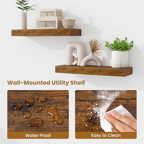Fun Memories Floating Shelves Bathroom for Wall Mounted Shelves, 20 Inch Wood Shelf Set of 2, Home Storage & Display Decor, Rustic Brown