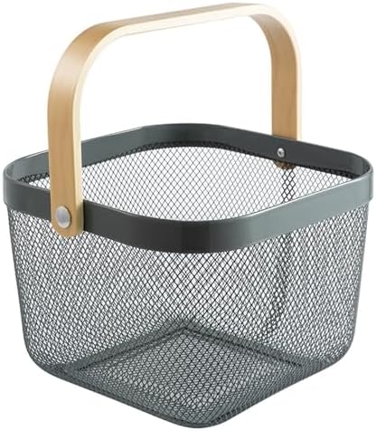 AJIODA Metal Mesh Steel Basket, Storage Organizer Basket Multi-functional Hanging Kitchen Baskets Fruit Basket with Wooden Handle for Kitchen Bathroom Picnic Shopping Decor Cabinet Home, Grey