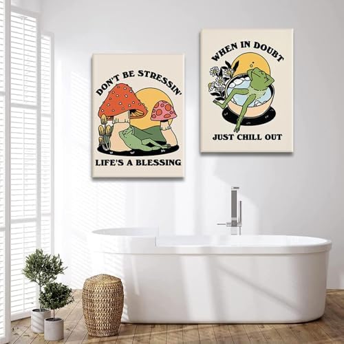 Retro Groovy Frog Mushroom Wall Art 70s Vintage Chill Quote Canvas Prints | Cute Animal Painting Cottagecore Positive Cozy Picture Wall Decor for Bathroom Bedroom Ready to Hang 12x16Inches