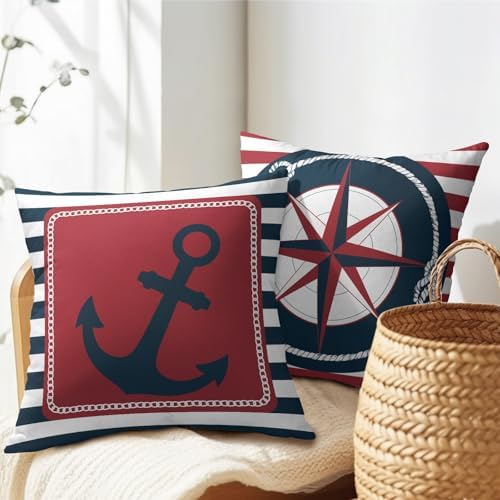 Anchor Compass Throw Pillow Cases Outdoor Nautical Pillow Covers Blue and White Stripes Decorative Cushion Cover 24x24 Inch Red and White Cotton Linen Pillowcases for Beach Coast Home Bedroom