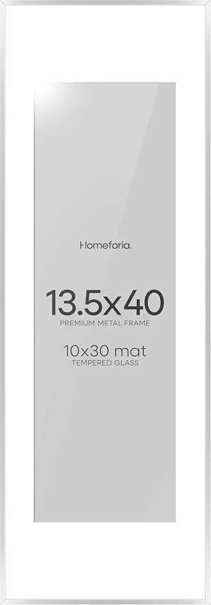 Homeforia 13.5x40 Silver Picture Frame, High-End Metal, 10x30 Mat, Glass