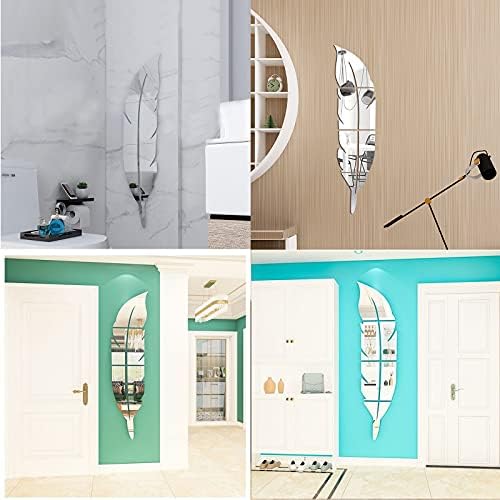 2 Pcs 3D Acrylic Mirror Wall Decor Stickers, Silver Feather Shaped Set DIY Self-Adhesive Wall Art Decals, Home Decorations for Home Living Room Bedroom Bathroom (12 x 49 Inches)