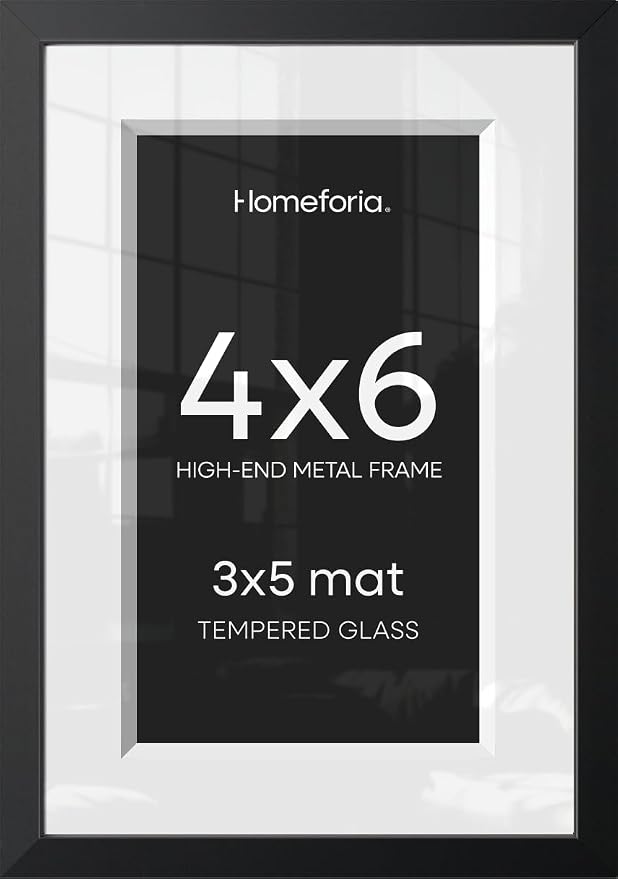 Homeforia 4x6 Black Picture Frame, High-End Metal, 3x5 Mat, Glass