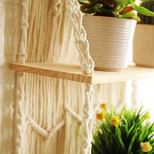 Macrame Wall Hanging Shelf - Boho Indoor Hanging Shelves for Wall - Decorative Bohemian Floating Plants Room Storage Shelving Macrame Rope Decor Organizer Rack, 2 Tier Indoor Handmade Plant Shelves