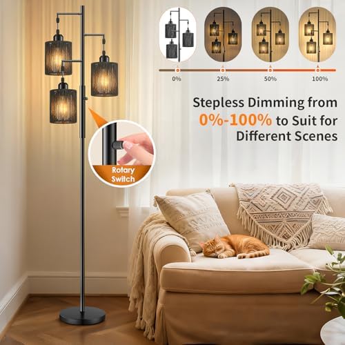 Hotsonic 72" Boho Rattan Tree Floor Lamp, Tall Dimmable Industrial Standing Lamp, Corner Decor Accent Lighting for Living Room, Bedroom, Dining Room, Nursery, Cafe (3 x 800LM Bulbs Included) - Black