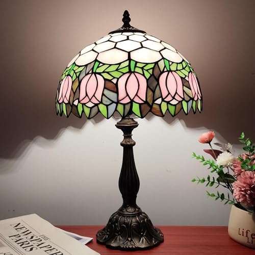Tiffany Table Lamp 3-Color Light Stained Glass Lamp Tiffany Style Vintage Beside Reading Lamp 12 inch Living Room Light Flowers Style Antique Nightstand Light (Pink Tulip)