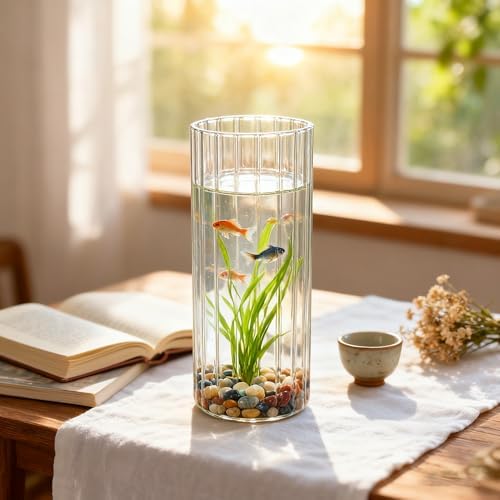 Flower Vase, Non-breakable Vase for Flower, Ribbed Acrylic Vase, 4"W x 8"H Tall Clear Cylinder Vases for Centerpieces, Living Room, Dining Table, Office, Bookshelf Decoration Housewarming Gift