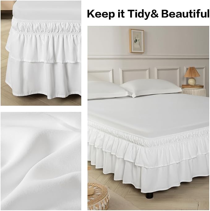 Double-Layered Ruffled Bed Skirt,White,Full/Queen, 14" Drop | Wrap Around, Adjustable Elastic, 2 Layer, Machine Washable Soft Fabric, Multi Ruffle Bedskirt