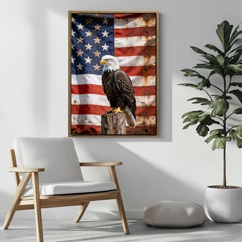 American Flag Framed Canvas Wall Art, 4th of July Patriotic Canvas Prints | USA Flag with Bald Eagle Poster Print, Vintage Independence Day Wall Decor for Bedroom Living Room 8×10in