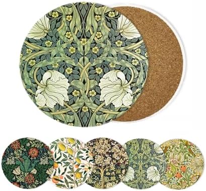 HUXJOKO Coasters for Drinks Set of 6,William Morris Floral Pattern Absorbent Ceramic Coaster,Round Stone Mat,with Cork Base and Metal Holder for Coffee Table Room Bar Home Decor Housewarming Gifts