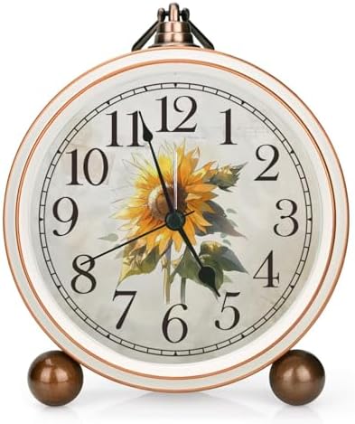 Classic Vintage Table Clock - 5.2in Cute Sunflower Analog Clock, Silent Non-Ticking Desk Clock with Distressed Metal Frame for Office, Living Room or Bedroom (Sunflower)