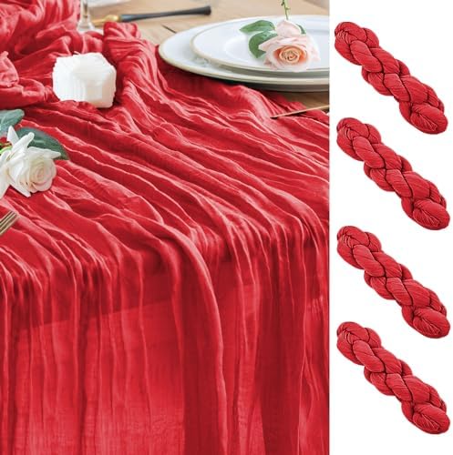 Wokceer Cheesecloth Table Runner Red 10FT Boho Gauze Runner, 4 Pack