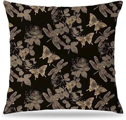 Dark Gold Elegant Butterfly Pillow Covers 18x18 Double-Sided, Butterfly Room Home Decor, Vintage Cottagecore Moth and Dragonfly Botanical Decorative Throw Pillow Covers