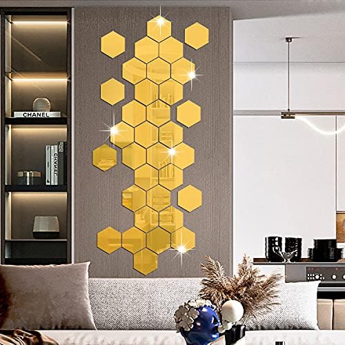 RW-103 36 Pcs Acrylic Hexagon Mirror Decals DIY Removable 3D Geometric Mirror Art Setting Wall Decor for Bedroom, Living Room, Office, Kitchen & Home (Gold)
