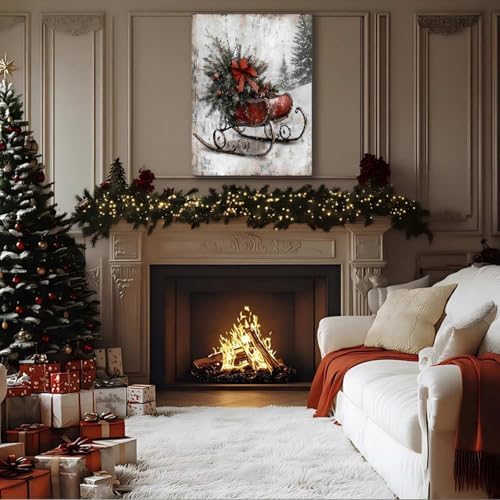 Vintage Framed Canvas Christmas Wall Art Decor 16x24, Farmhouse Red Christmas Prints Winter Paintings for Wall Sleigh Sled Art, Rustic Mantel Decoration, Country Winter Pictures