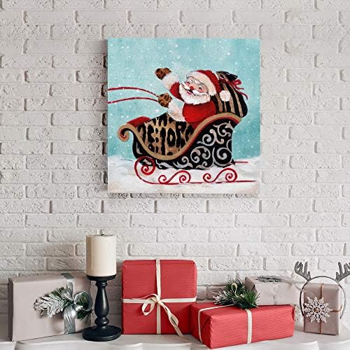 Renditions Gallery Xmas Canvas Wall Art Prints for Home Decor Santa riding Sliegh in Winter Snow Abstract Artowrk for Bedroom Dining Office Kitchen Decorations - 16"X16" LT05