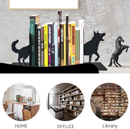 ENCIMART Dog Book Ends Decorative for Shelves, Black Metal Bookend Supports for Heavy Books, Book Stoppers for Home Office Desktop Organizer for Men and Book Lovers Gift