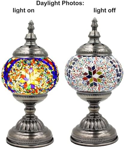 SILVERFEVER Handcrafted Mosaic Turkish Lamp Moroccan Glass Table Desk Bedside Light Bronze Base with E12 Bulb (Bright Starburts)