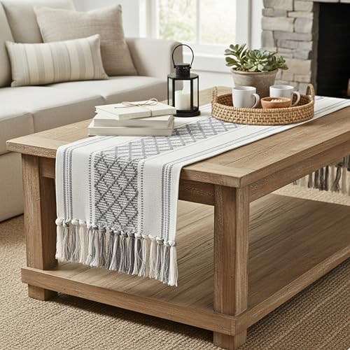 Long Dining Table Runner with Tassels 14 x 90 Inches, Gray & Off White / Woven Washable Console Table Cover / Boho Dresser Scarf Grey / Farmhouse Bohemian Table Top Decorations with Fringe