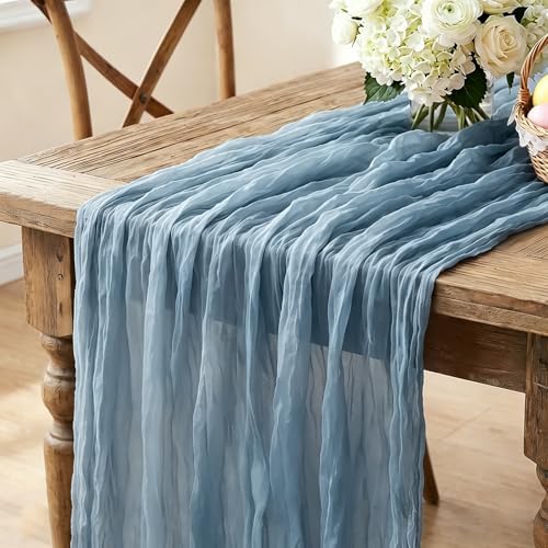 Dust Blue Cheesecloth Table Runner, 10FT Rustic Blue Boho Gauze Table Runner for Wedding Bridal Shower Baby Shower Birthday Tea Party Decorations