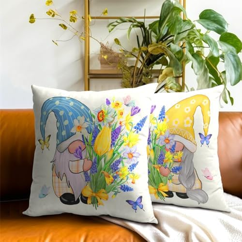 Spring Gnome Decorative Throw Pillow Cover 20x20 Inch Set of 2 Bloom Flower Pillowcase Spring Easter Colorful Floral Farmhouse Cushion Covers for Home Sofa Living Room Decor
