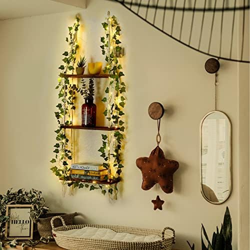 Hanging Shelf with Vine Lights(USB Powered), Macrame Shelf, Wall Shelf with Handmade Ropes, 3 Tier Floating Shelf, Boho Room Decor Aesthetic for Succulents, Bedroom, Living Room, Bathroom