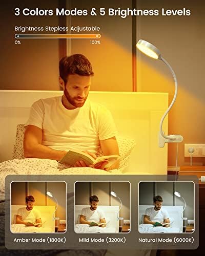Glocusent 5W Clip on Light, 3 Colors & 5 Brightness Reading Light for Bed