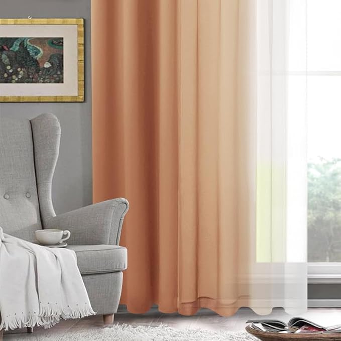 DWCN Ombre Short Sheer Curtains - Faux Linen Semi Voile Gradient Light-Filtering Bedroom and Living Room Curtains, Set of 2 Grommet Top Window Drape Panels, 42 x 45 Inch Length, Burnt Ochre