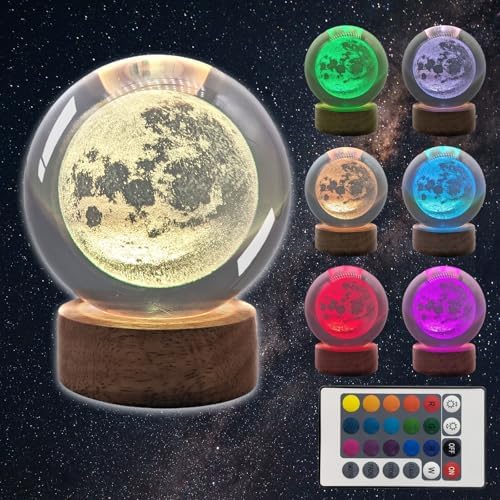 3D Moon Crystal Ball 3.15" With LED Lamp Colorful Wooden Base Night Light, Removable Glow Color Changing Light With Remote for Boy Friends (3-Moon)