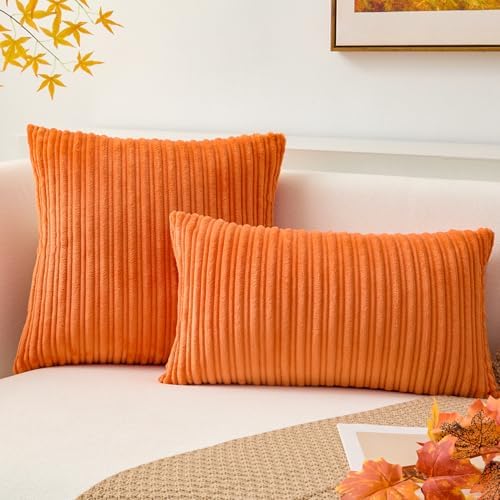 Kevin Textile Striped Corduroy 18”x18” Pillow Covers 2 Pack, Orange
