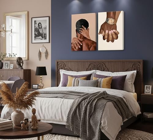 UHVBBCO 2 Pcs Afro Black Couple Canvas Wall Art | African American Women Men Black Love Pictures Wall Decor Black Girl Poster Print Artwork for Bedroom Living Room Bathroom