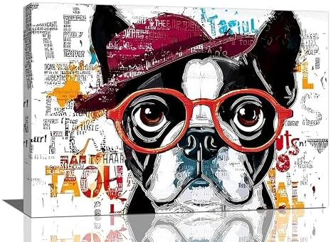 French Bulldog Decor Wall Art Funny Graffiti Dog Pictures Cute Puppy Canvas Prints Painting Pet Artwork English Bulldog Decorations for Bathroom Bedroom Living Room Framed Dog Lover Gifts 20"x24"