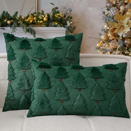Kevin Textile Christmas Tree Pillow Covers 20x20 Inch Set of 2 Luxury Embroidery Soft Plush Faux Fur Decoration Pillowcases for Couch Sofa Holiday Festivals Winter Xmas Gift, Dark Green
