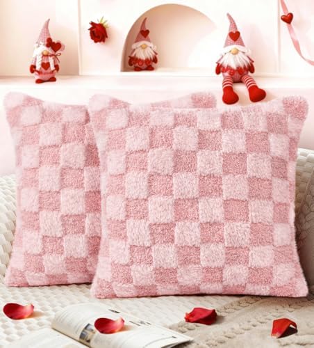 Valentines Pillow Covers 18x18 Inch Set of 2 - Plush Faux Fur PK White 3D Checkered Valentines Day Jacquard Throw Pillow Covers Decorations Soft Home Decor for Couch, Sofa, or Bed