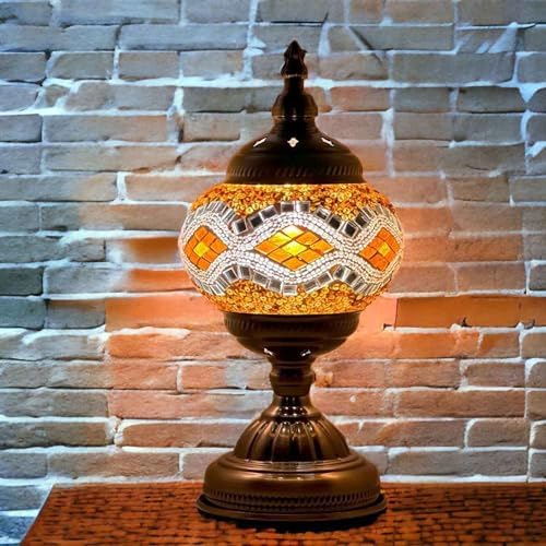 SILVERFEVER Handcrafted Mosaic Turkish Lamp Moroccan Glass Table Desk Bedside Light Bronze Base with E12 Bulb (White Wave)