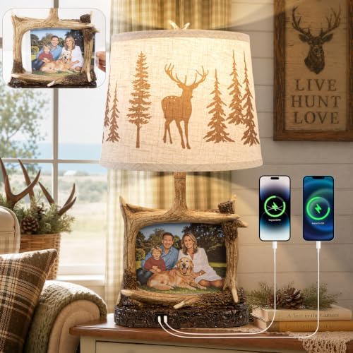 Dungoo 23" Rustic Antler Table Lamp with Picture Frame Lamp with USB-C Port
