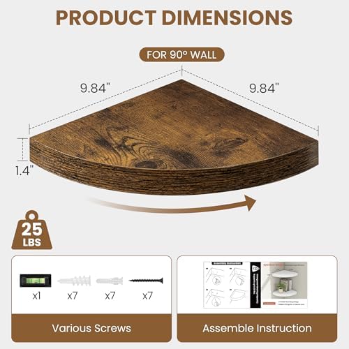 Fun Memories Floating Corner Shelves Set of 2 - Rustic Wood Wall Mounted Storage and Display Shelves for Living Room, Bedroom, Kitchen, Bathroom - Space Saving Home Decor, Brown