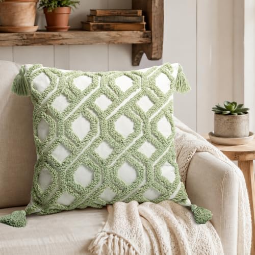 Boho Pillow Covers 18X18 Inch Boho Tufted Throw Pillow Covers Decorative Tassels Cushion Cover Farmhouse Pillow Case for Couch Sofa Bed Living Room Bedroom,Sage Green