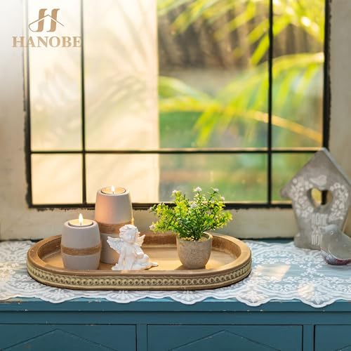 Hanobe 15" Vintage Wood Decorative Tray for Coffee Table Decor, Beaded Edge