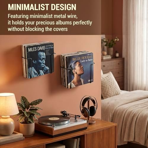 MyGift 2 Pack Vinyl Record Wall Mount Holder Black Metal Display Shelf