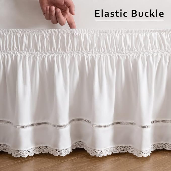 MIYE Wrap Around Ruffled Lace Bed Skirt, Elastic Dust Ruffle with Adjustable Belts, Easy to Put On, Bed Frame Cover, Machine Washable (Floral Lace/White, Full/Twin-22 Drop)