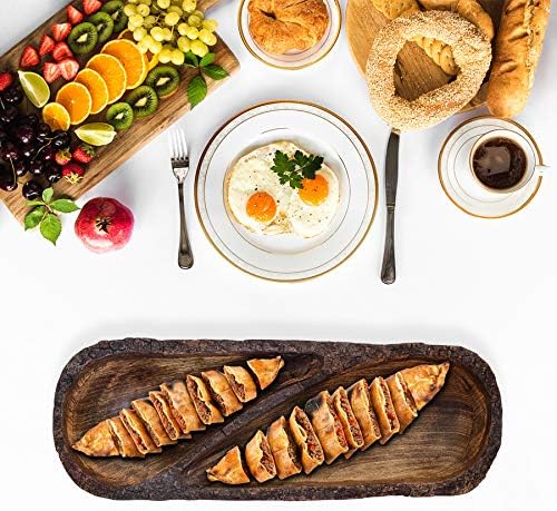Natural Wooden Tray, Serving Bowl for Salad, Veggies and Fruits, Large Deep Tray for Family, Party (Bark Edge Divided Tray)