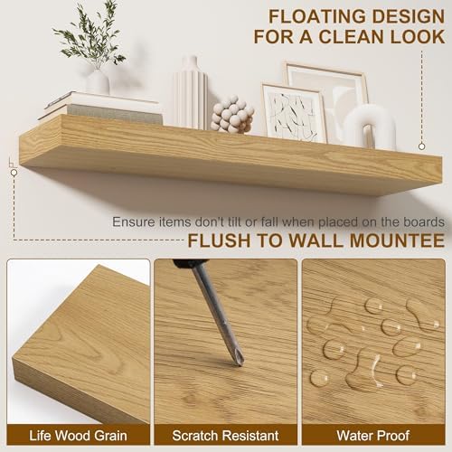 Fun Memories Floating Shelves for Wall, 36Inch Floating Shelves Set of 2, Hanging Shelf with Invisible Brackets, Bathroom Shelves for Living Room, Bedroom, Kitchen- Oak