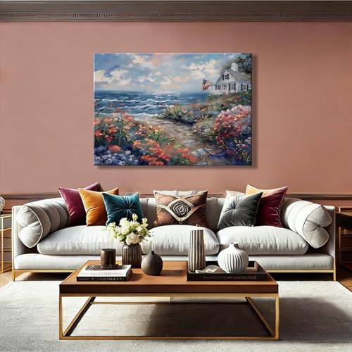 Patriotic Coastal Landscape Framed Canvas Wall Art, Vintage American Flag Canvas Print, Perfect 4th of July Holiday Decor for Living Room, Bedroom, Office and Home Decoration, Made USA