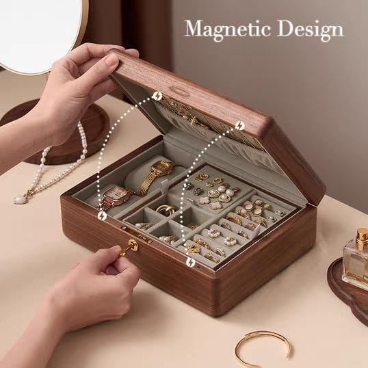 Bescott 2 Layer Solid Black Walnut Wooden Jewelry Box with Lock and Key for Women Wood Vintage Organizer for Men Earrings Rings Necklaces Bracelet Watch Storage