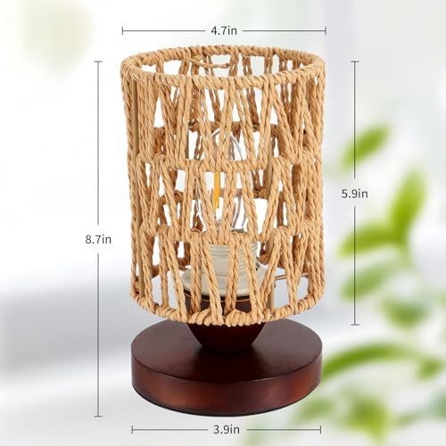 Handmade Rattan Lamp Farmhouse Table Lamp for Bedroom, Rustic Woven Lamps for Night Stands with Warm White LED Bulb, Boho-Inspired Boho Lamp for Living Room Kitchen Nook, 12cm Shade 20cm Height