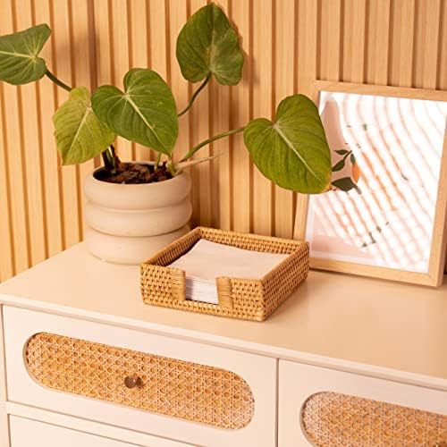 Rattan Napkin Holder Square, Napkin Holders for Paper Napkins, 7.5" x 7.5" x 2.5", Wicker Napkin Tray, Woven Guest Towel Holder for Restaurant/Kitchen/Bathroom Napkin Holder for Table