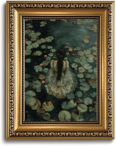 Vintage Gold Framed Victorian Ophelia Wall Art Dark Academia Art Prints | Gothic Pictures Woman In Water Lily Pond Paintings Wall Decor Canvas Artwork for Living Room Bedroom 8x10in